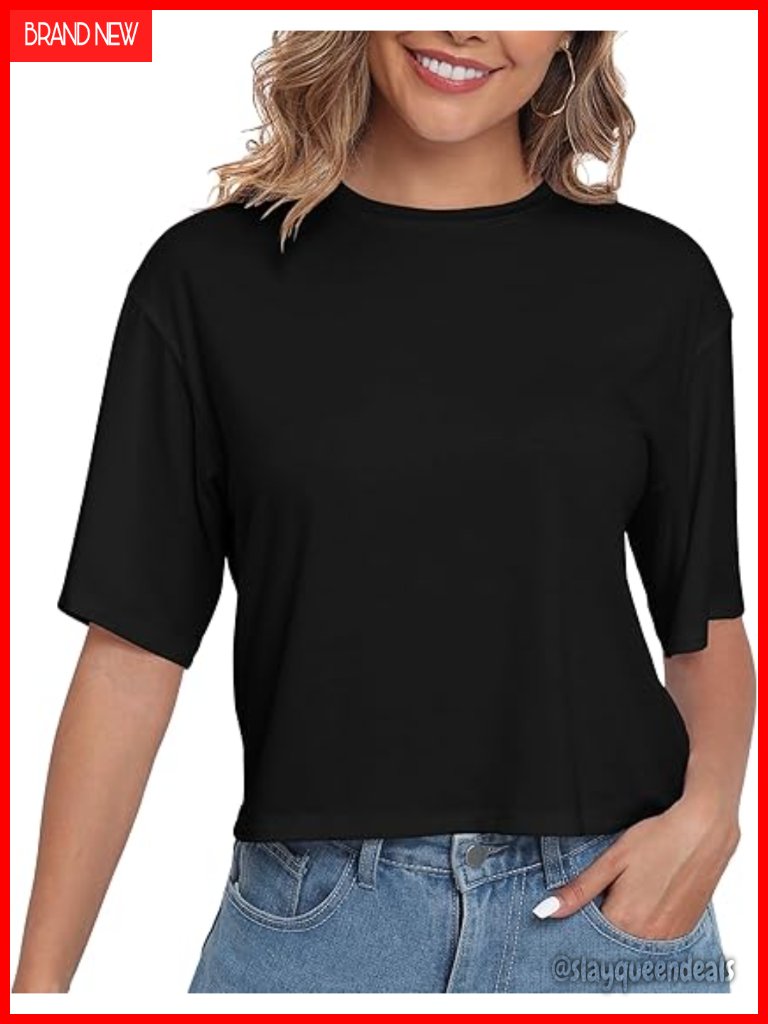 Women's Loose Fit Cropped T Shirt Crew Neck Half Sleeve Crop Top Tee